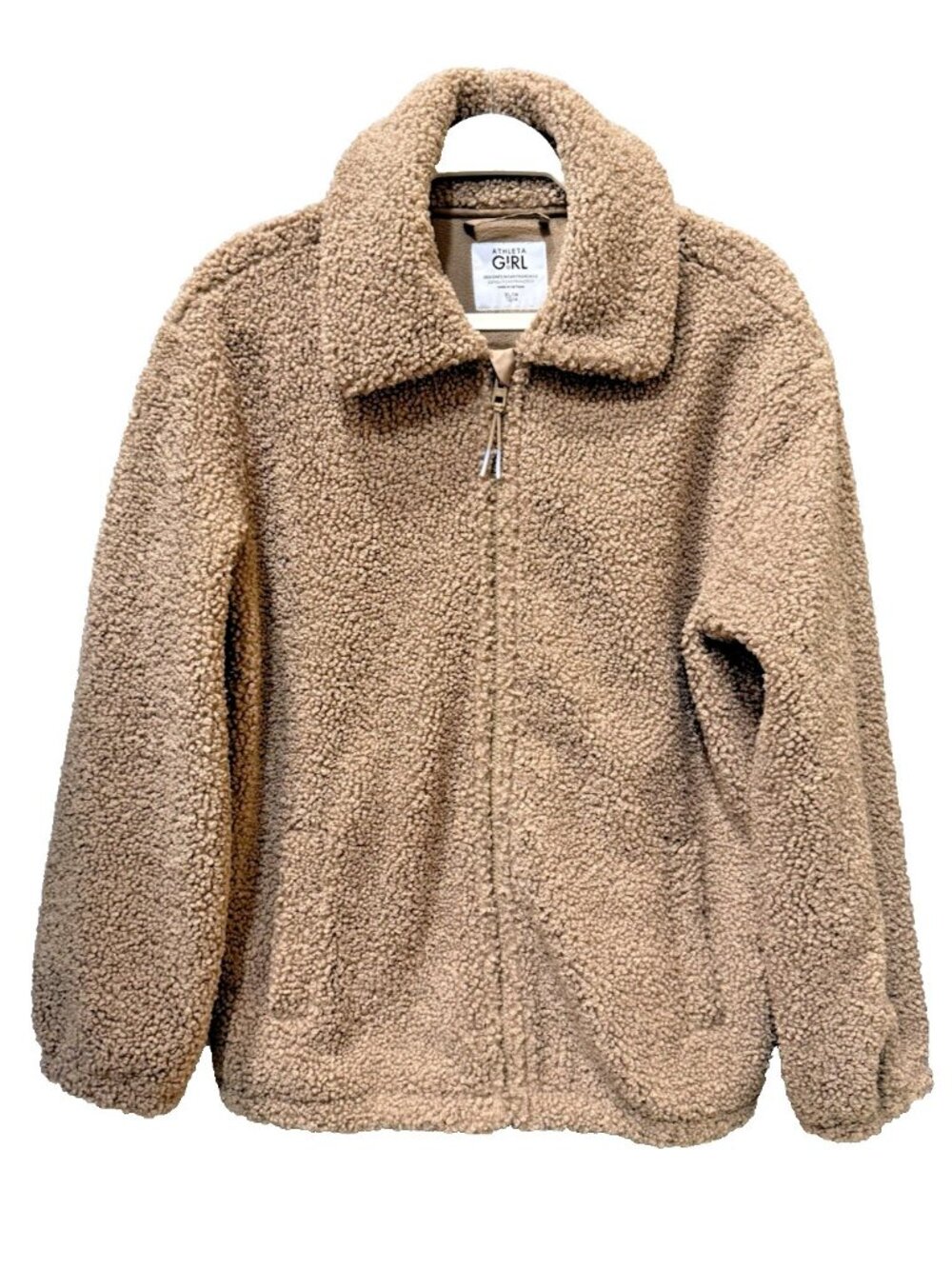 ATHLETA Girl Teddy Fleece Jacket Sz XL / 14 Khaki Brown Zip Sherpa Sweater Coat